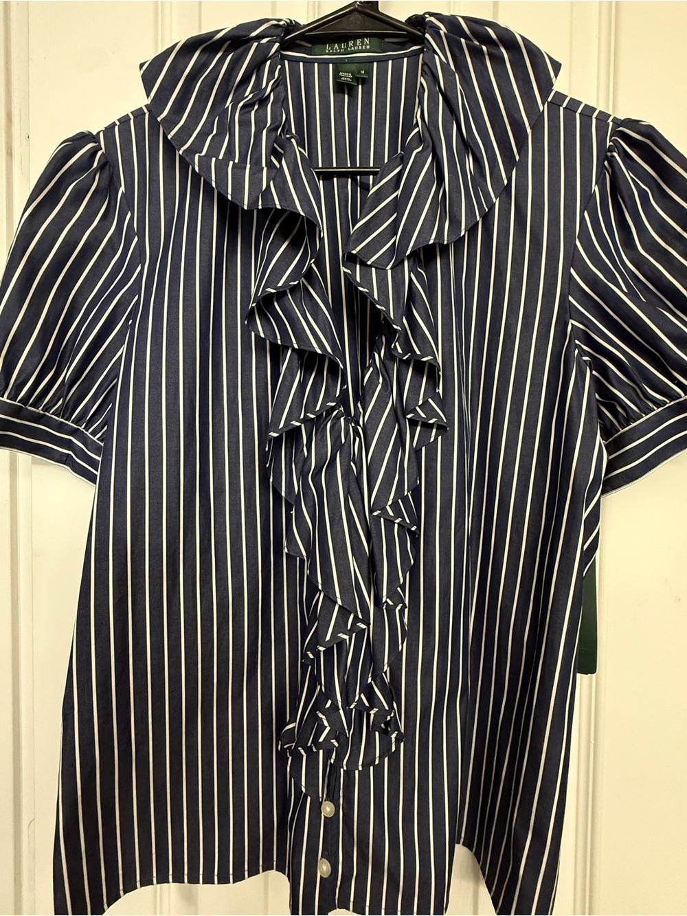 Lauren Ralph Lauren Navy and White Vertical Stripe Ruffle Blouse NWT